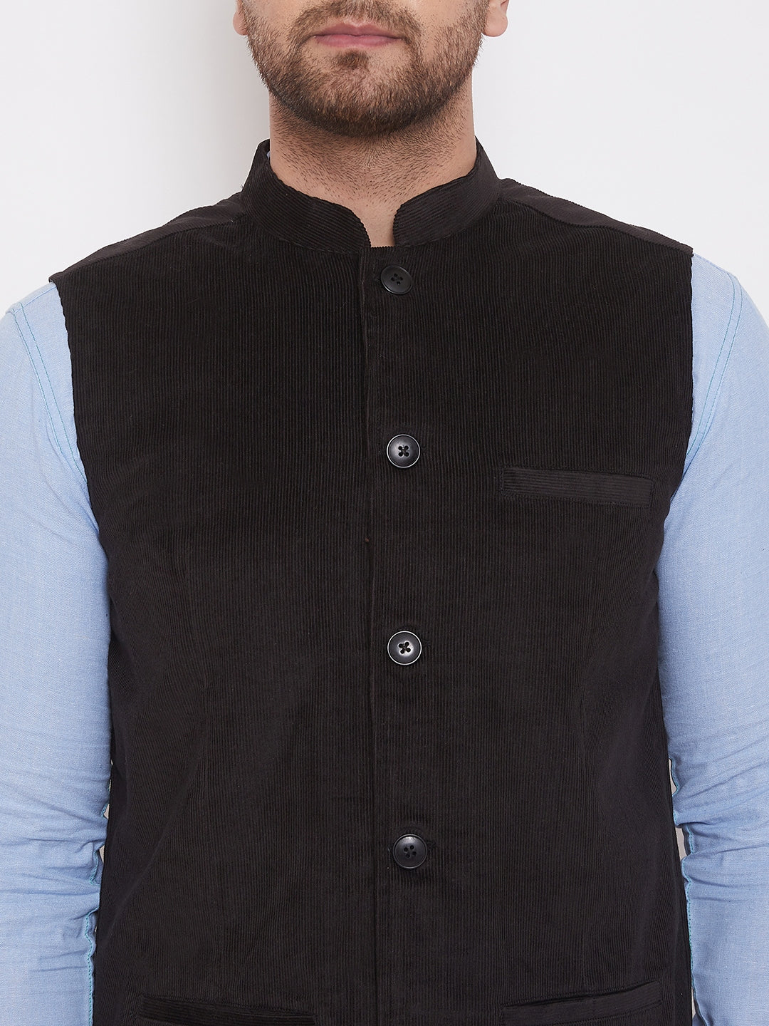 Men's Black Corduroy Solid Nehru Jacket