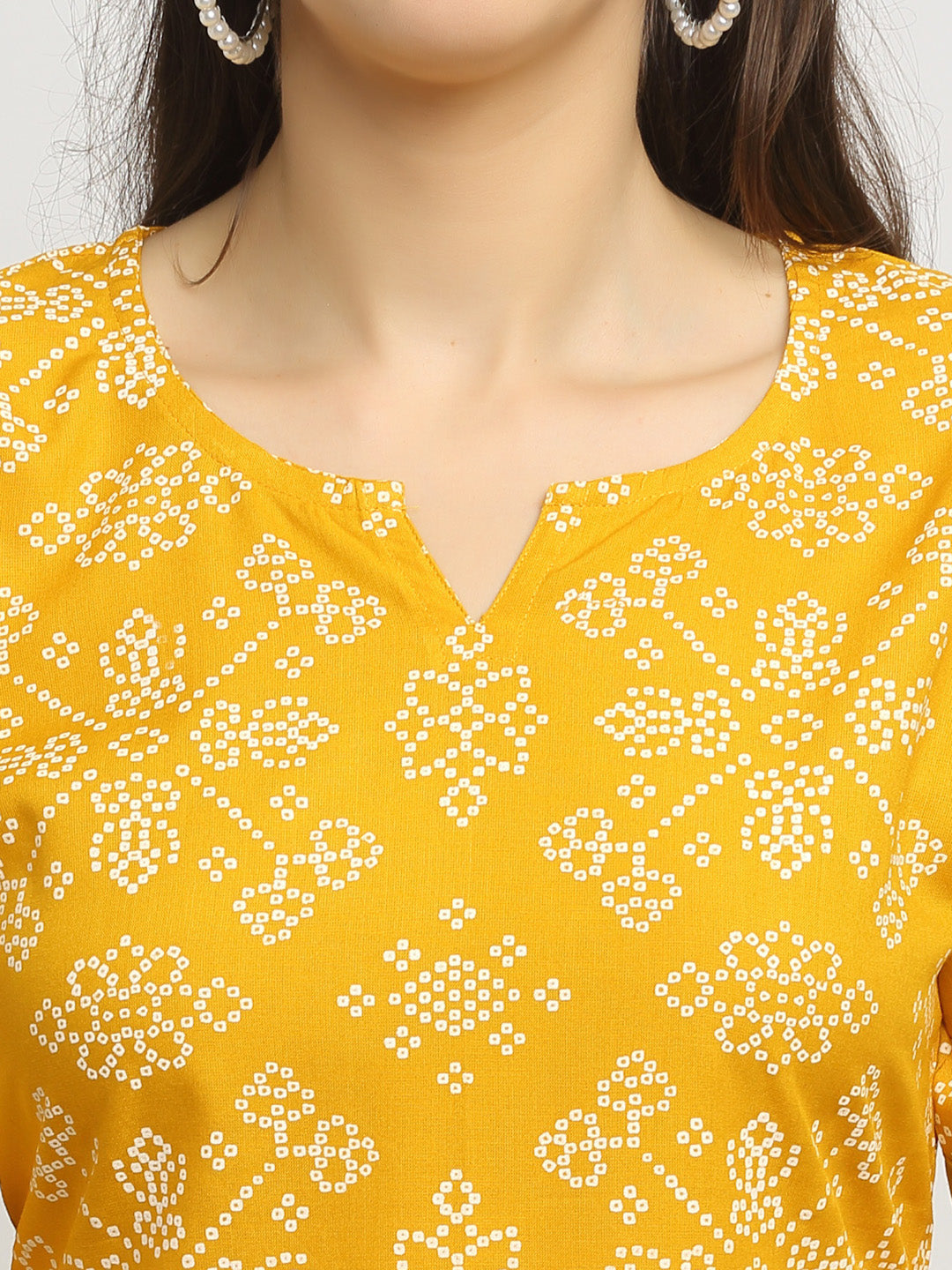 Women's Mustard Printed Bell Sleeve Straight Kurta With Striped Pyjamas - Rudra Bazaar