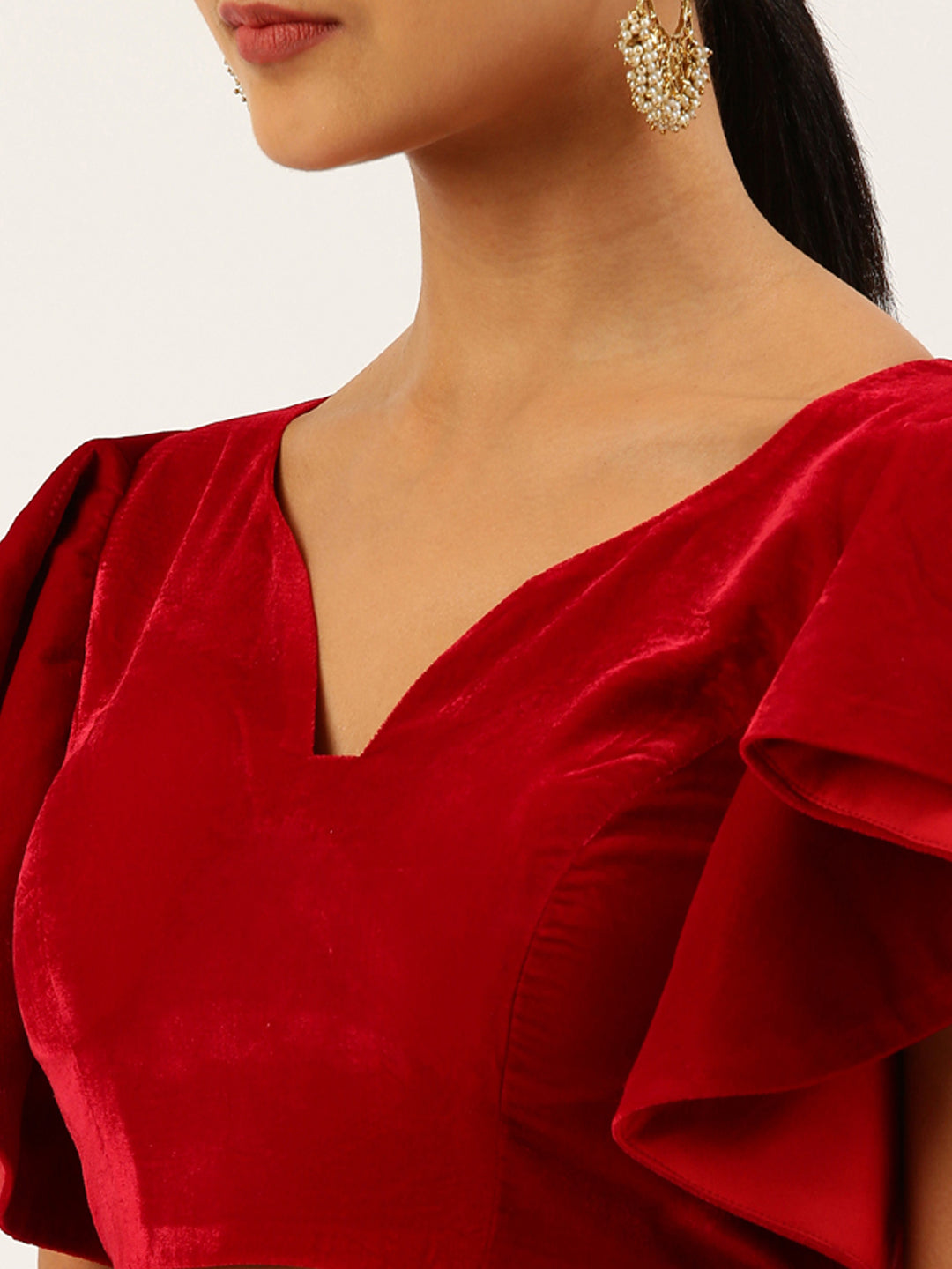 Women's Red Velvet Ruffle Sleeves Readymade Blouse - Royal Dwells