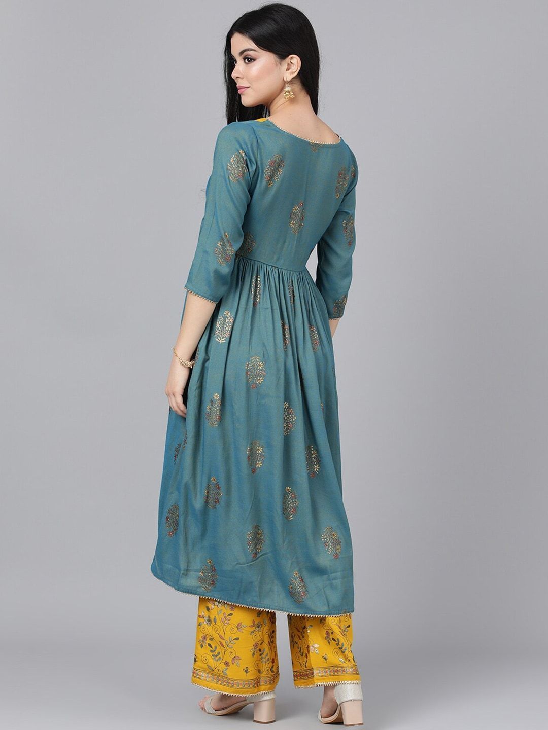 Women's  Mustard Yellow & Blue Floral Embroidered Kurta with Palazzos & Jacket - AKS