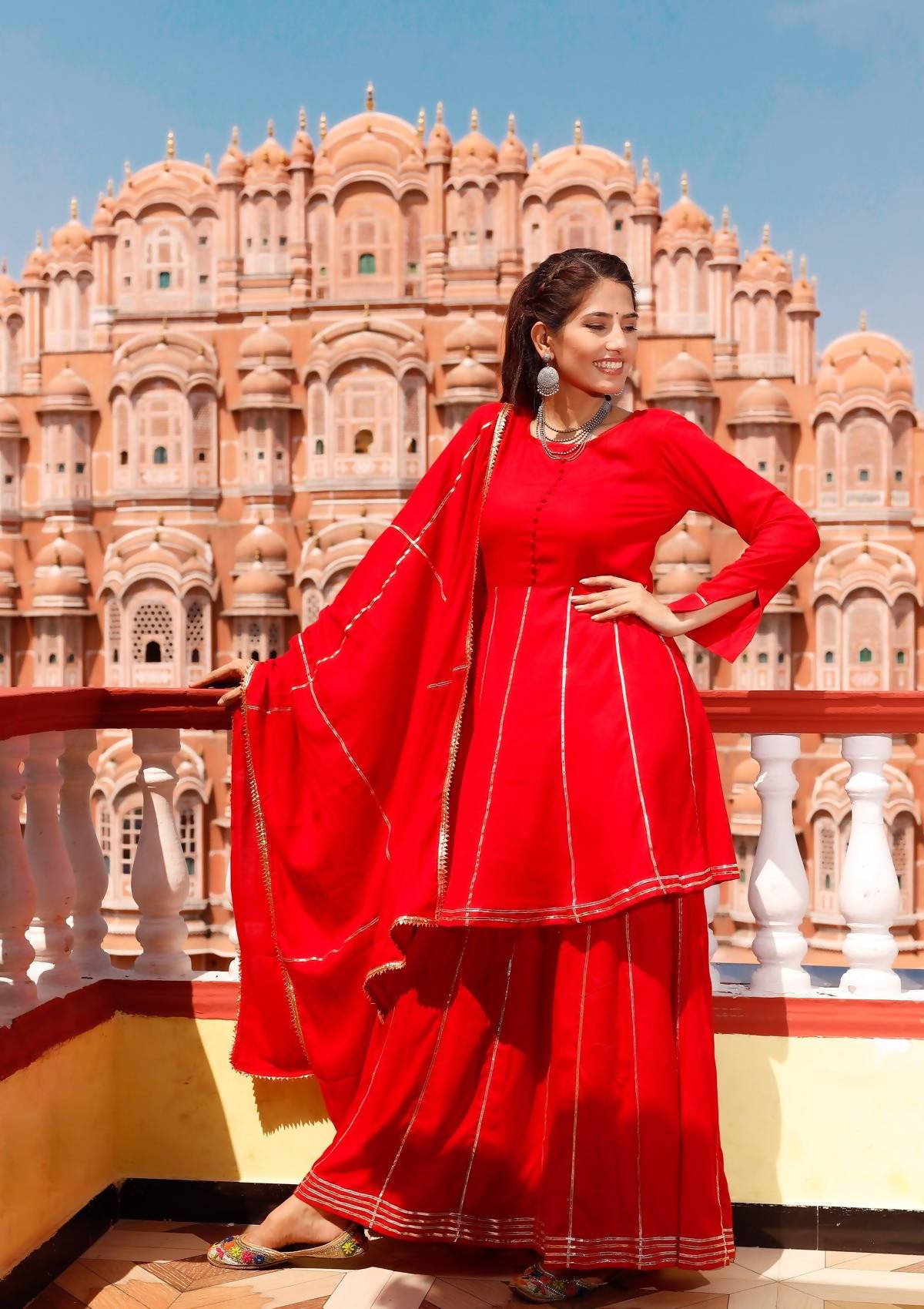 Women's Red 100% Cotton Kurta Sharara Dupatta Set - Cheera