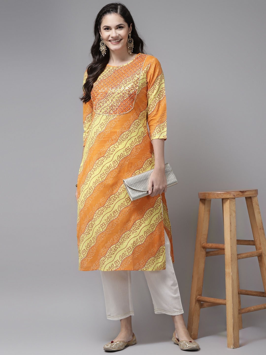 Women's Yellow & White Bandhani Printed Kurta Set - Yufta