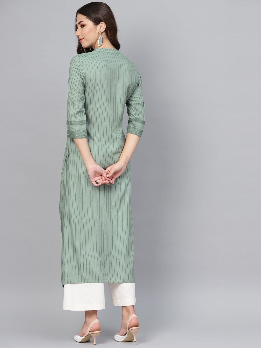 Women's Green Striped Straight Kurta - Meeranshi