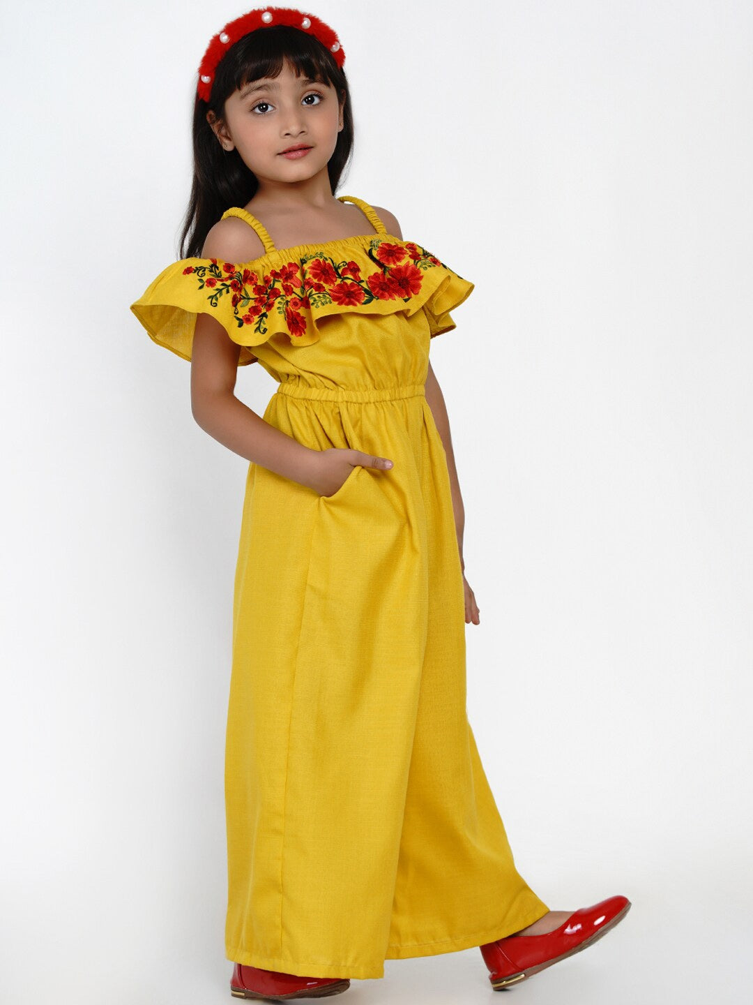 Girl's Mustard & Red Basic Jumpsuit with Embroidered - NOZ2TOZ KIDS