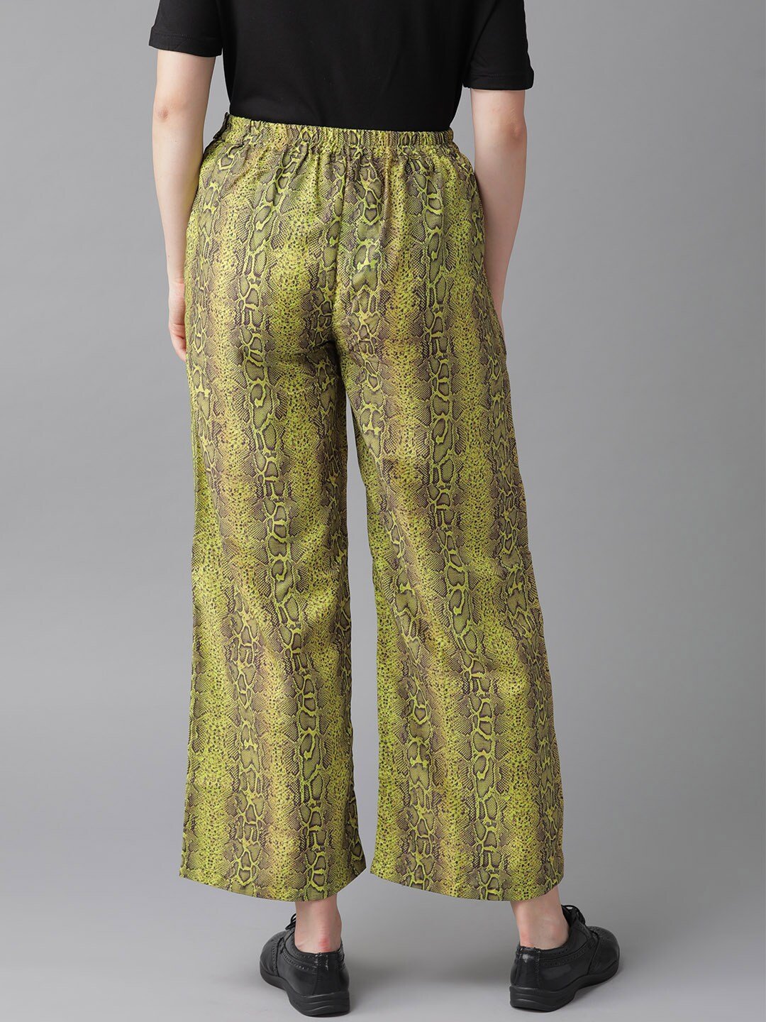 Women's  Lime Green & Coffee Brown Snakeskin Print Cropped Straight Palazzos - AKS