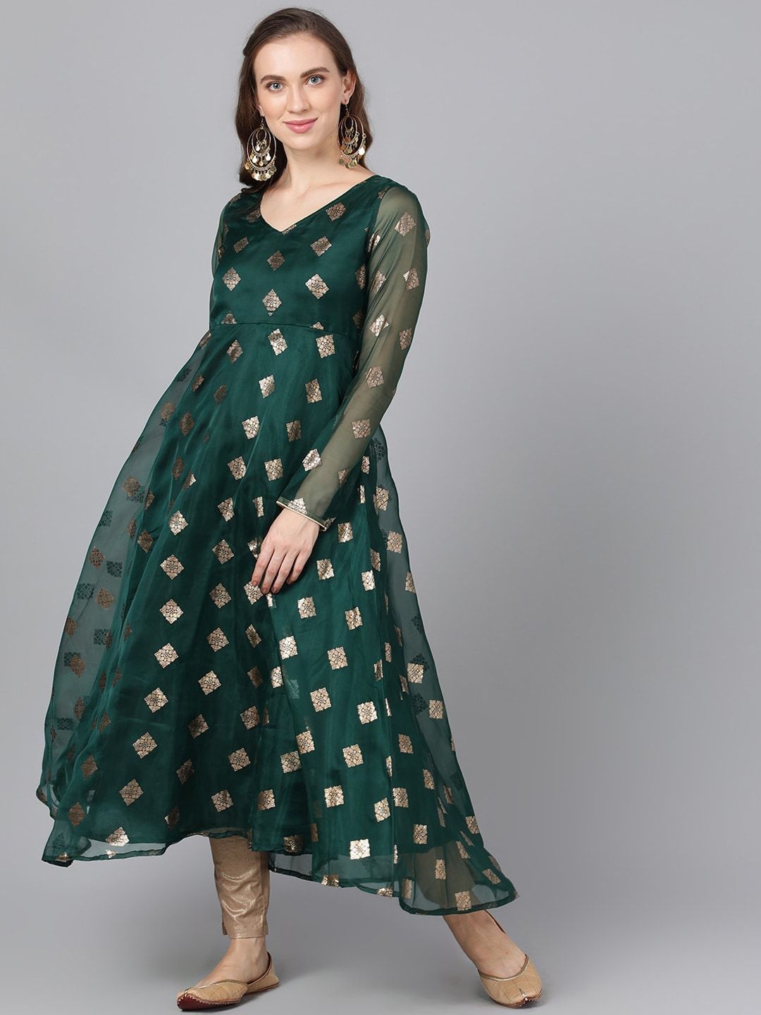 Women's  Green & Gold-Toned Woven Design Anarkali Kurta by AKS