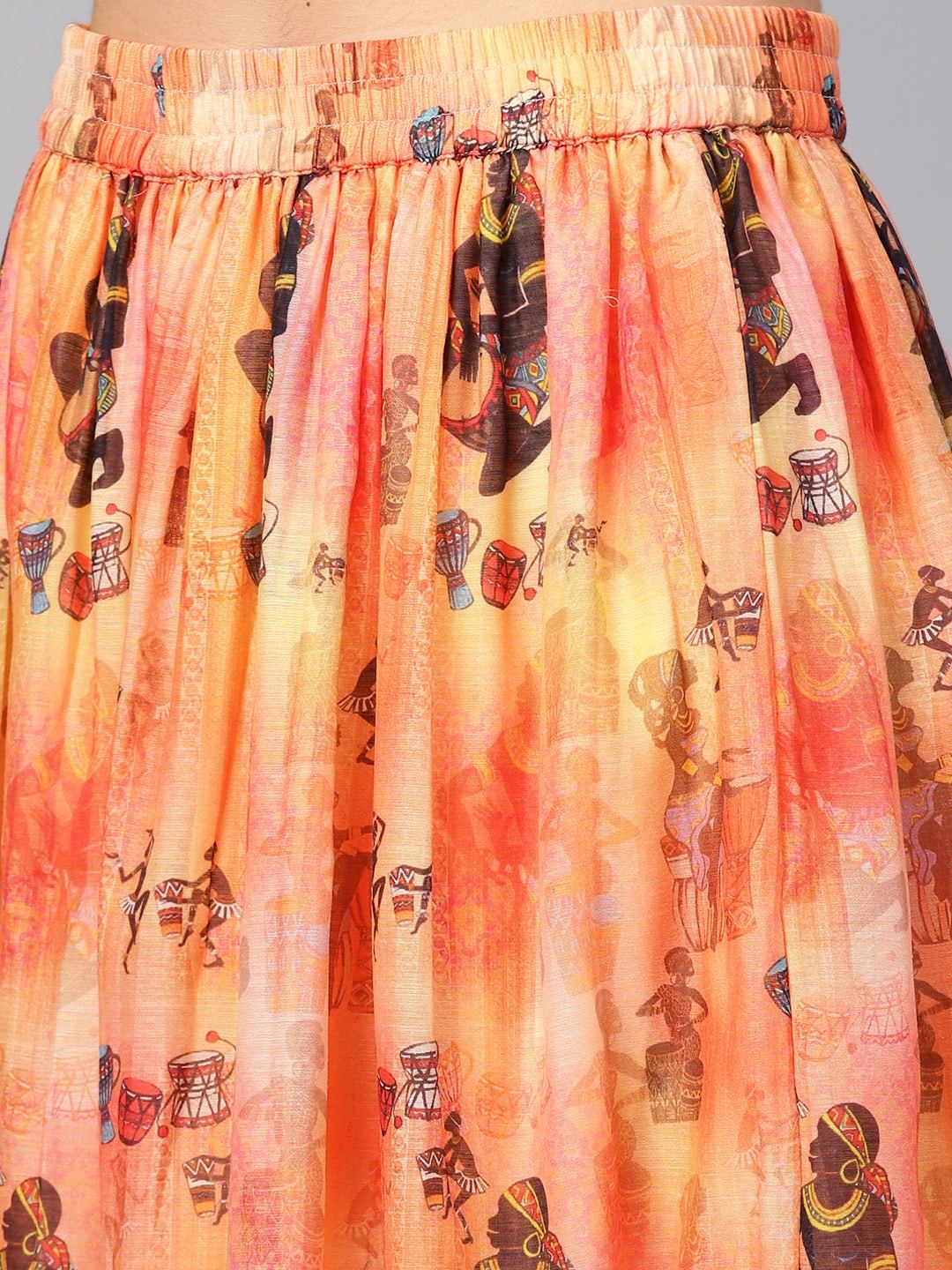 Women's Orange Printed Top with Skirt & Dupatta - Meeranshi