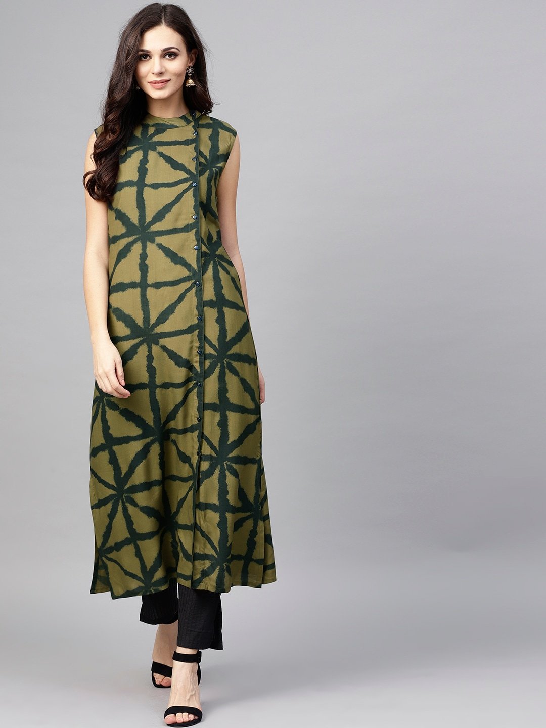 Women's  Olive Green Printed Sleeveless Straight Kurta - AKS