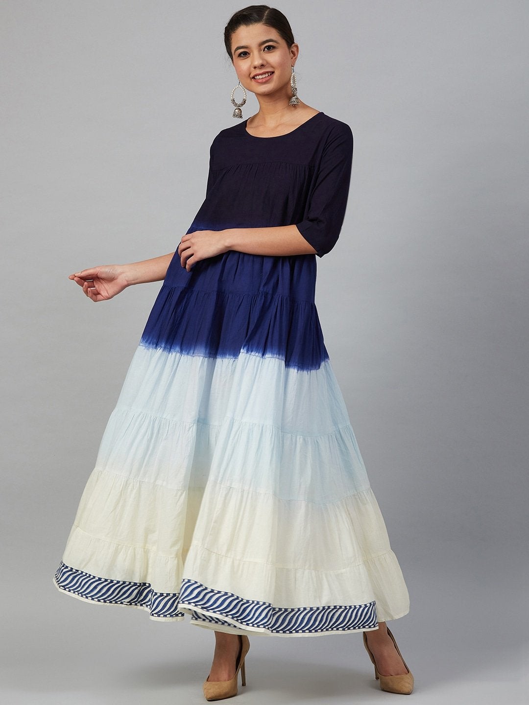 Women's Blue & Off-White Dyed Tiered A-Line Kurta - Meeranshi