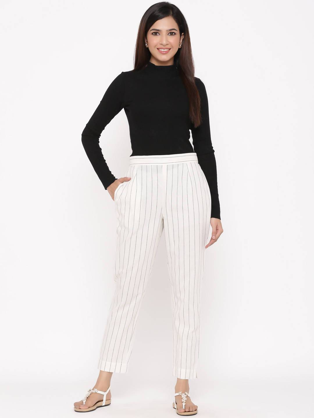 Buy_Women's_Offwhite_Cotton_Striped_Straight_Pants_Online_Trendia