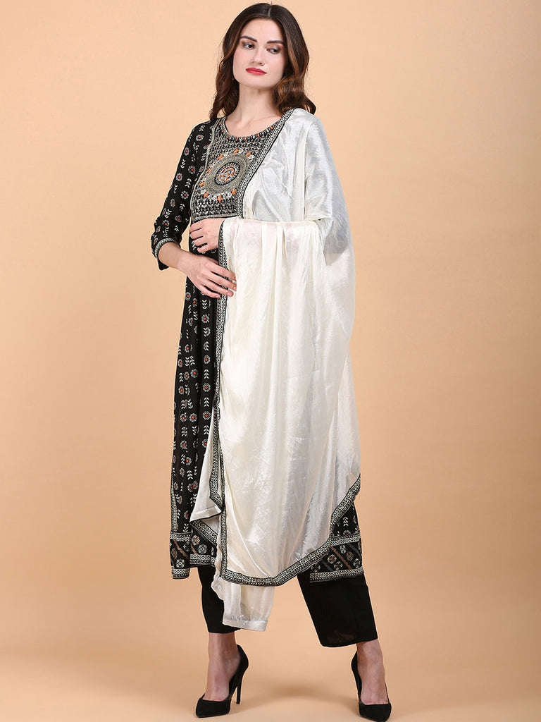 Women's Ethnic Motif Printed Thread Work High Slit Straight Kurta With Trousers & Dupatta