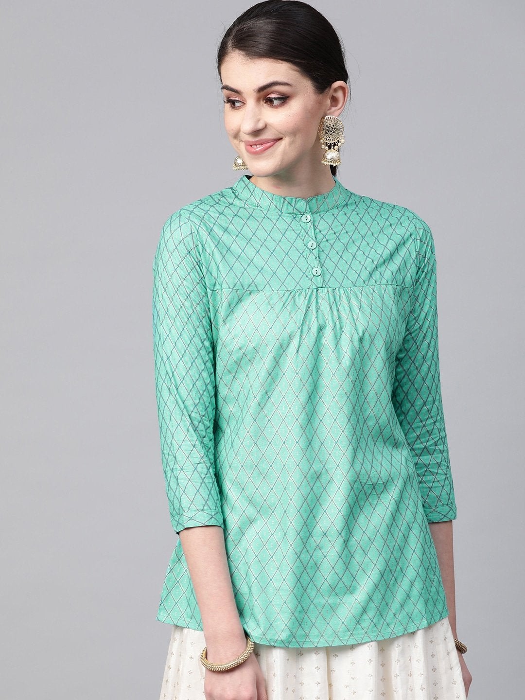 Women's Green & Golden Checked Kurti - Meeranshi