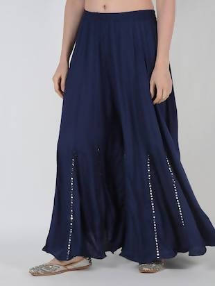 Women's Navy Blue Viscose Rayon Flared Palazzo With Mirror Lace Work Mfp030 - Moeza