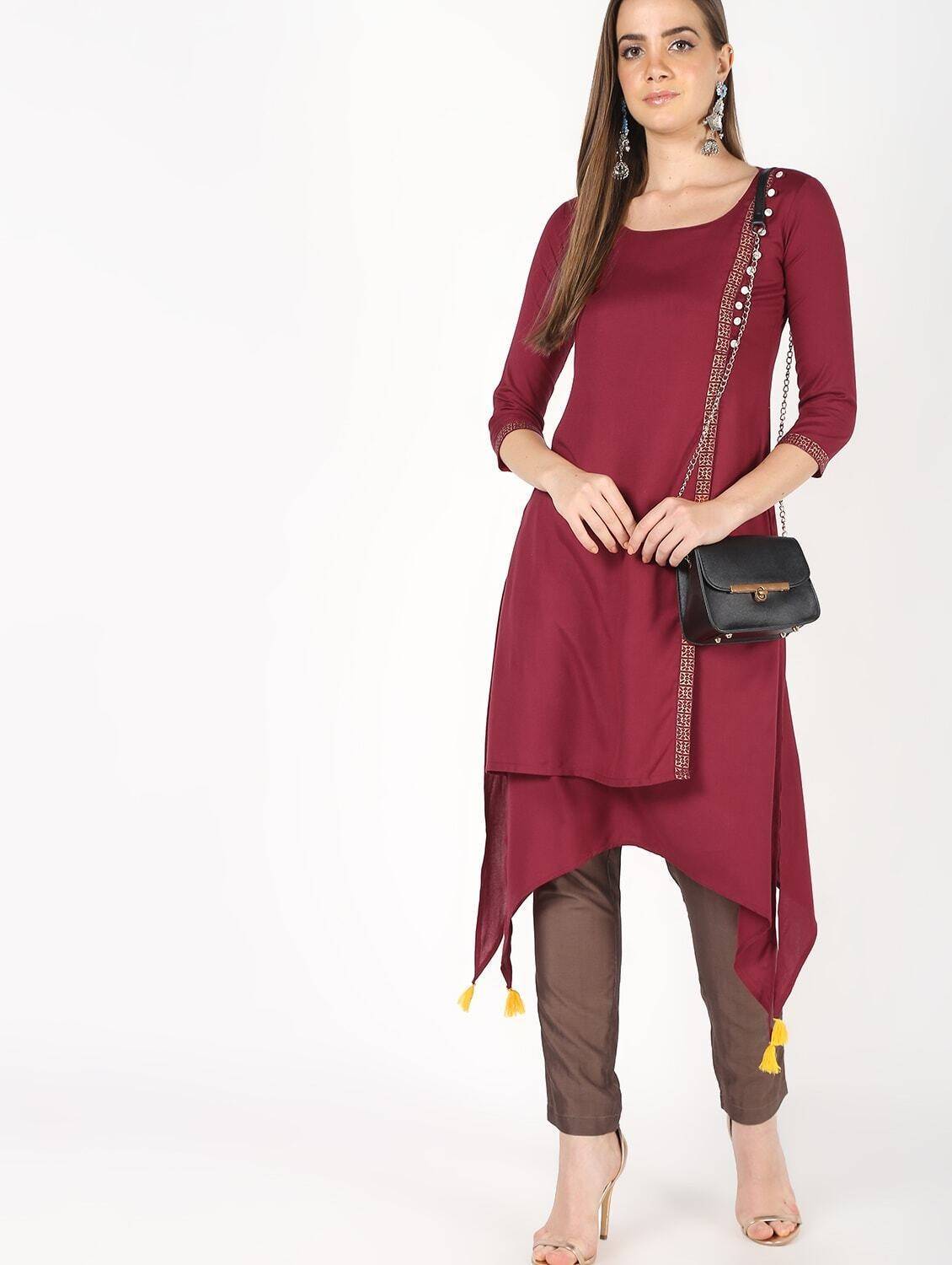Women's Maroon Front Design With A-Line Kurta Only - Cheera
