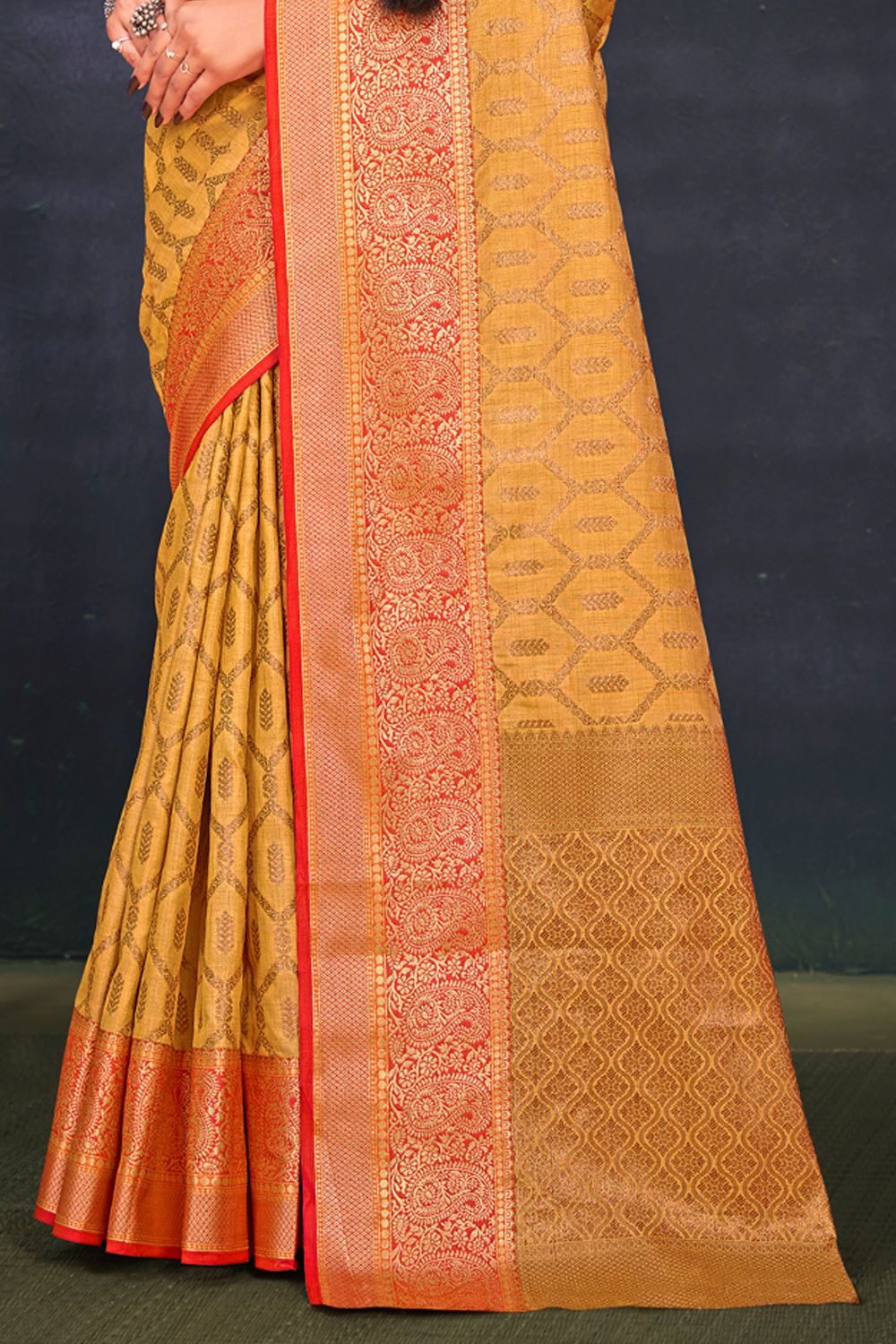Women's Mustard Cotton Woven Zari Work Traditional Saree - Sangam Prints