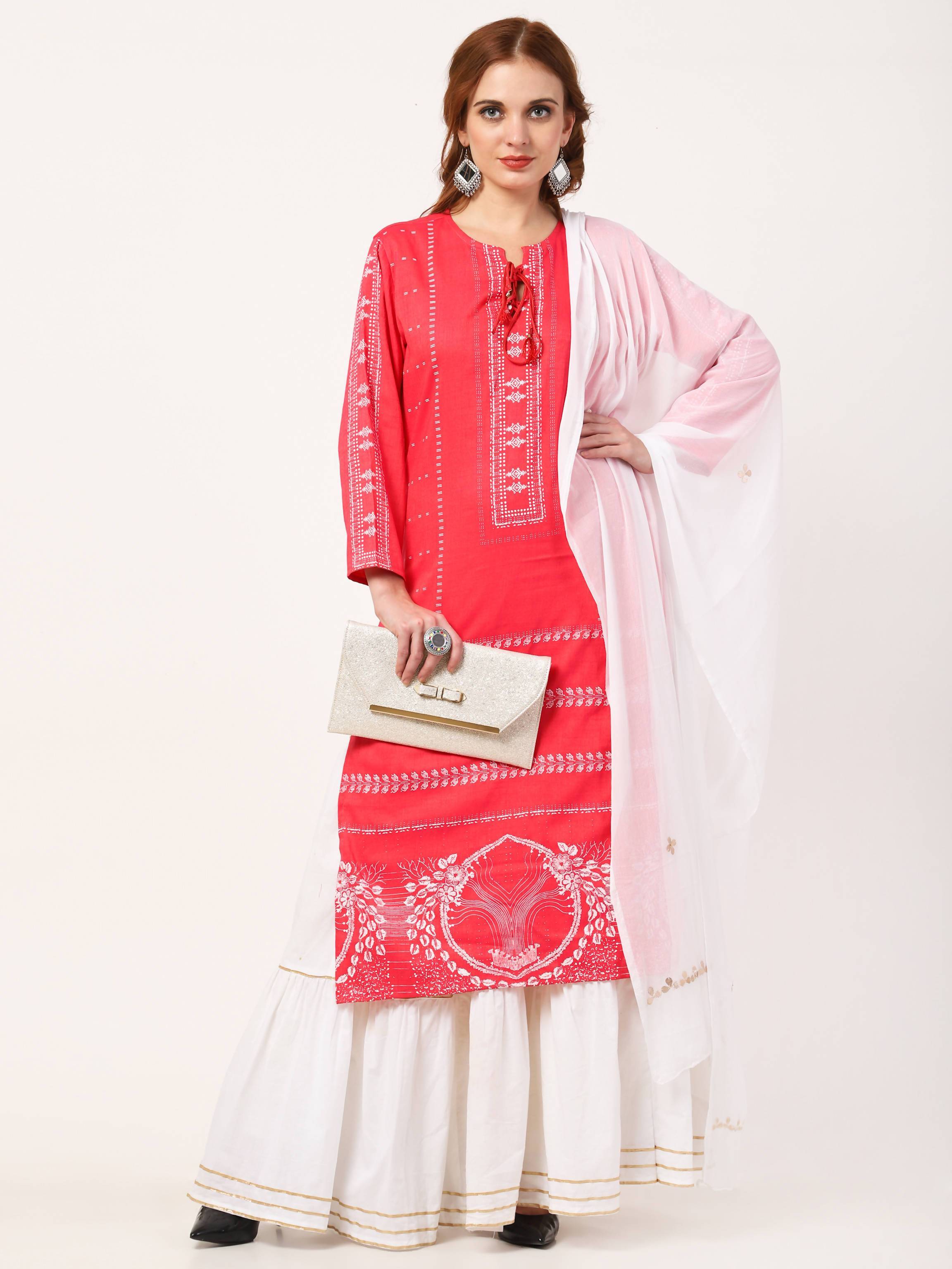Women's Carrot Pink Viscose Rayon Kurta With Skirt & Embroidered Dupatta Set - Cheera