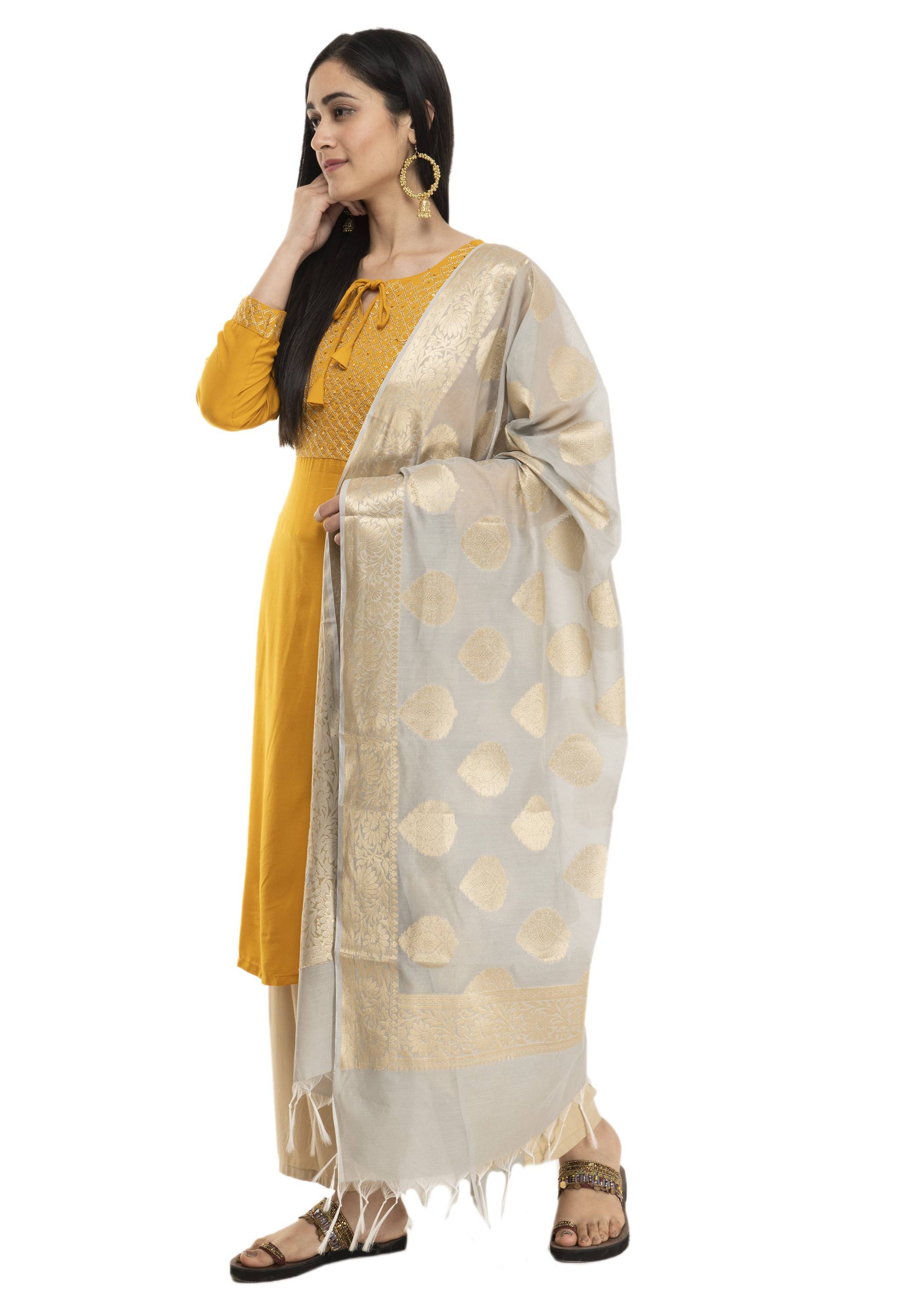 A R Silk Women's Chanderi Cotton Zari Work Light Grey Banarsi Chanderi Dupatta ARS0407