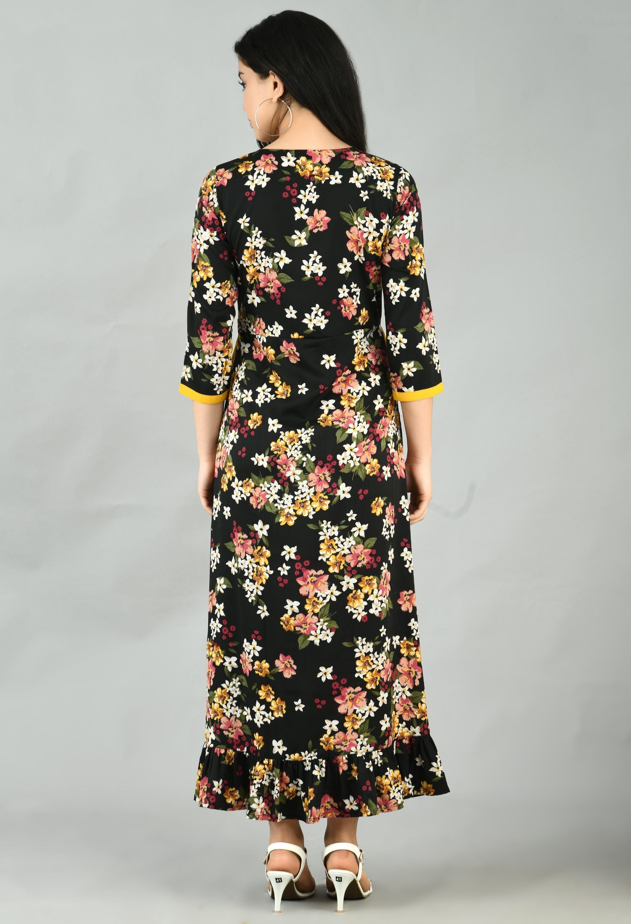 Women's Multi Polyester Printed 3/4 Sleeve Round Neck Casual Dress - Myshka