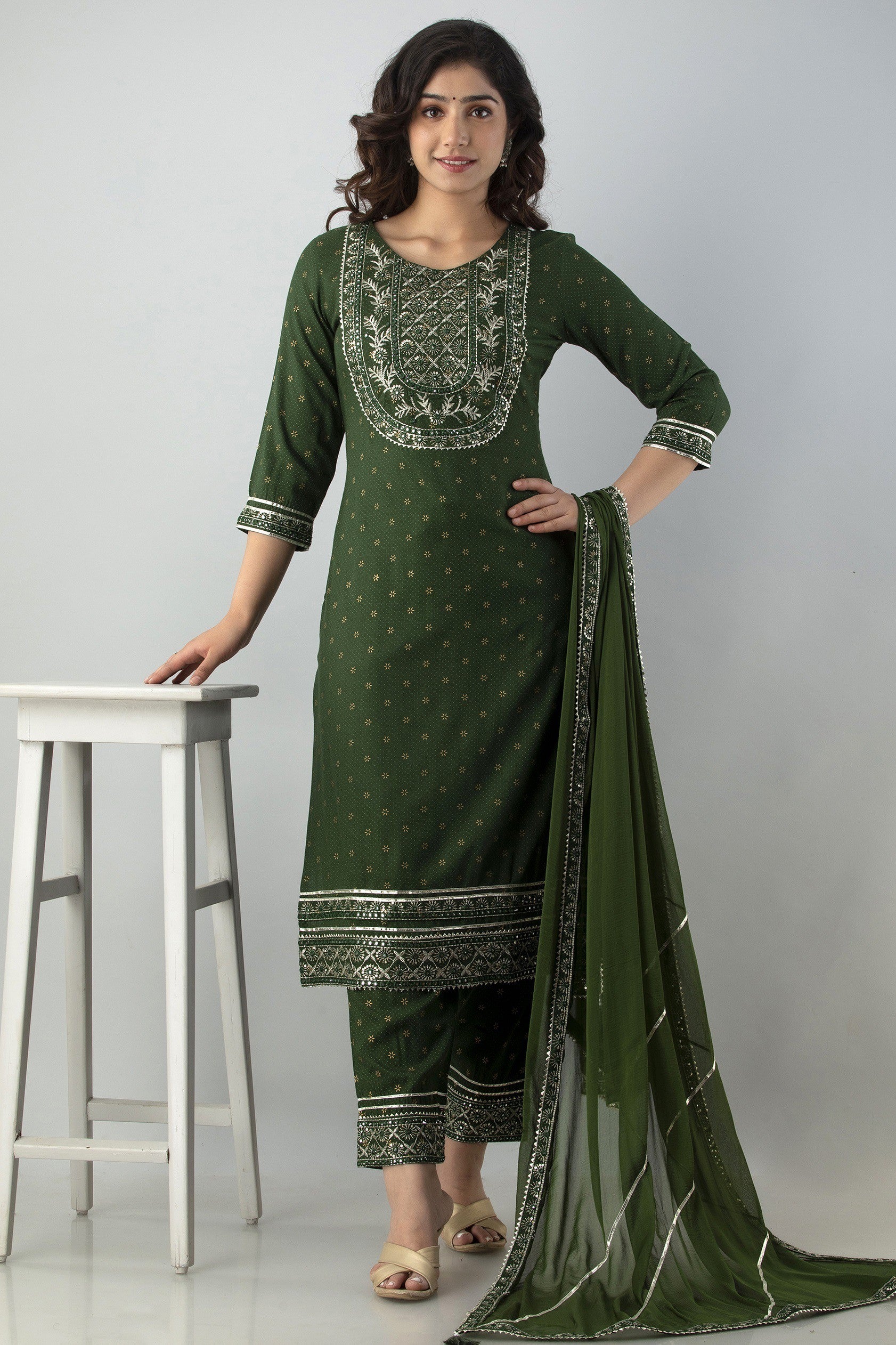 Women's Embroidered Viscose Rayon Straight Kurta Pant & Dupatta Set (Mehnadi) - Charu
