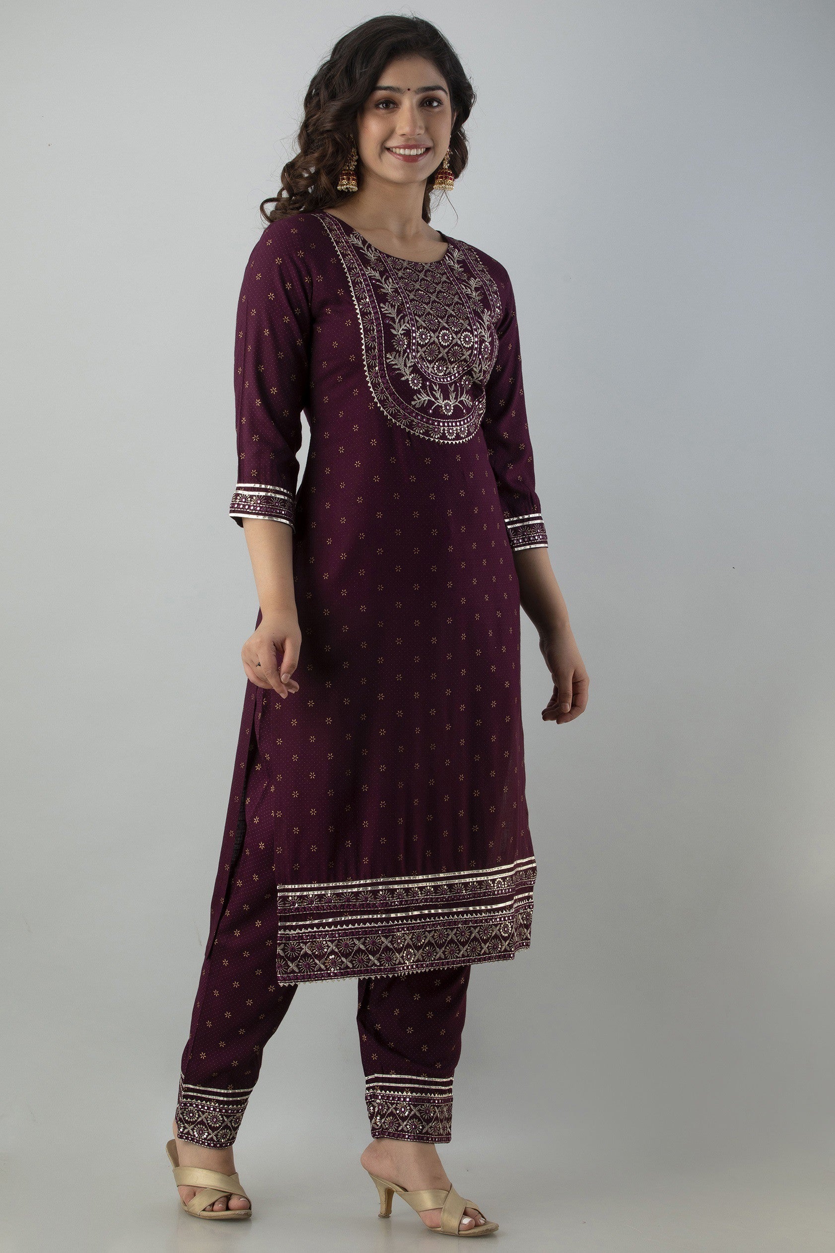 Women's Embroidered Viscose Rayon Straight Kurta Pant & Dupatta Set (Voilet) - Charu