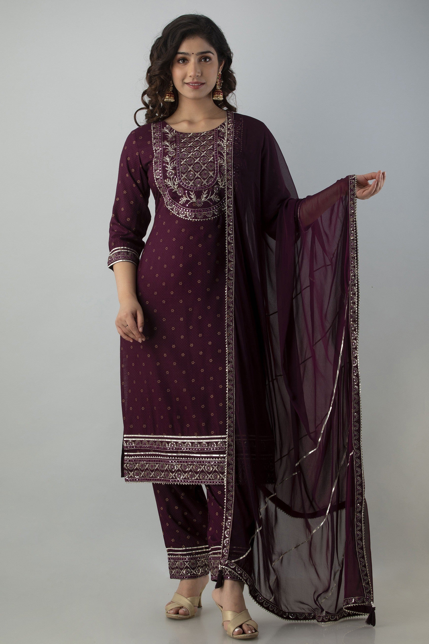 Women's Embroidered Viscose Rayon Straight Kurta Pant & Dupatta Set (Voilet) - Charu