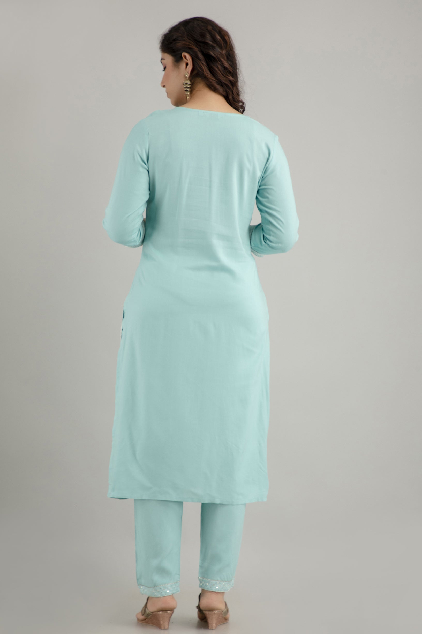 Women's Embroidered Rayon Straight Kurta Pant Set (Sky Blue) - Charu