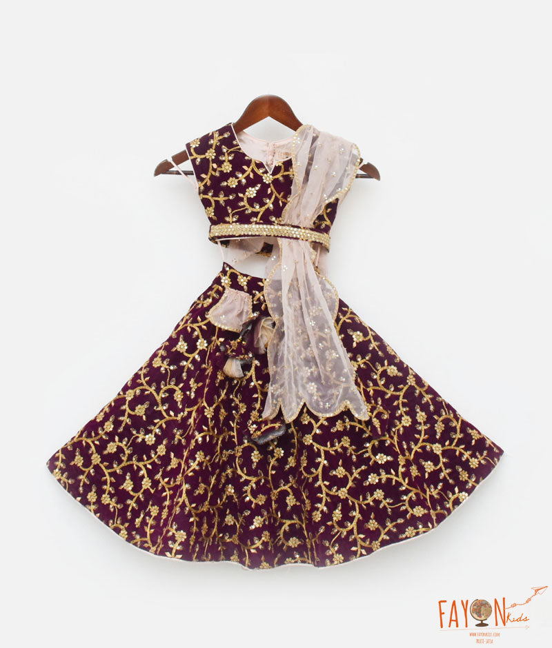 Girl's Wine Embroidery Velvet Lehenga Choli And Dupatta