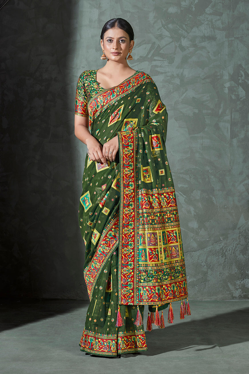 Women's Dark Green Color Cotton Work Silk Zari Work Saree - Monjolika