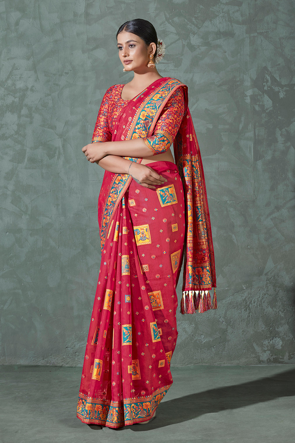 Women's Bright Pink Color Cotton Work Silk Zari Work Saree - Monjolika