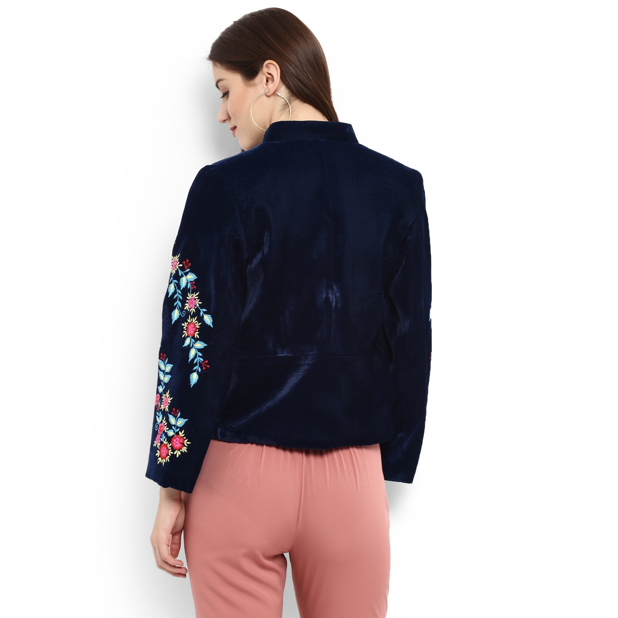 Women's Solid Embroidered Front Open Blazer - Pannkh