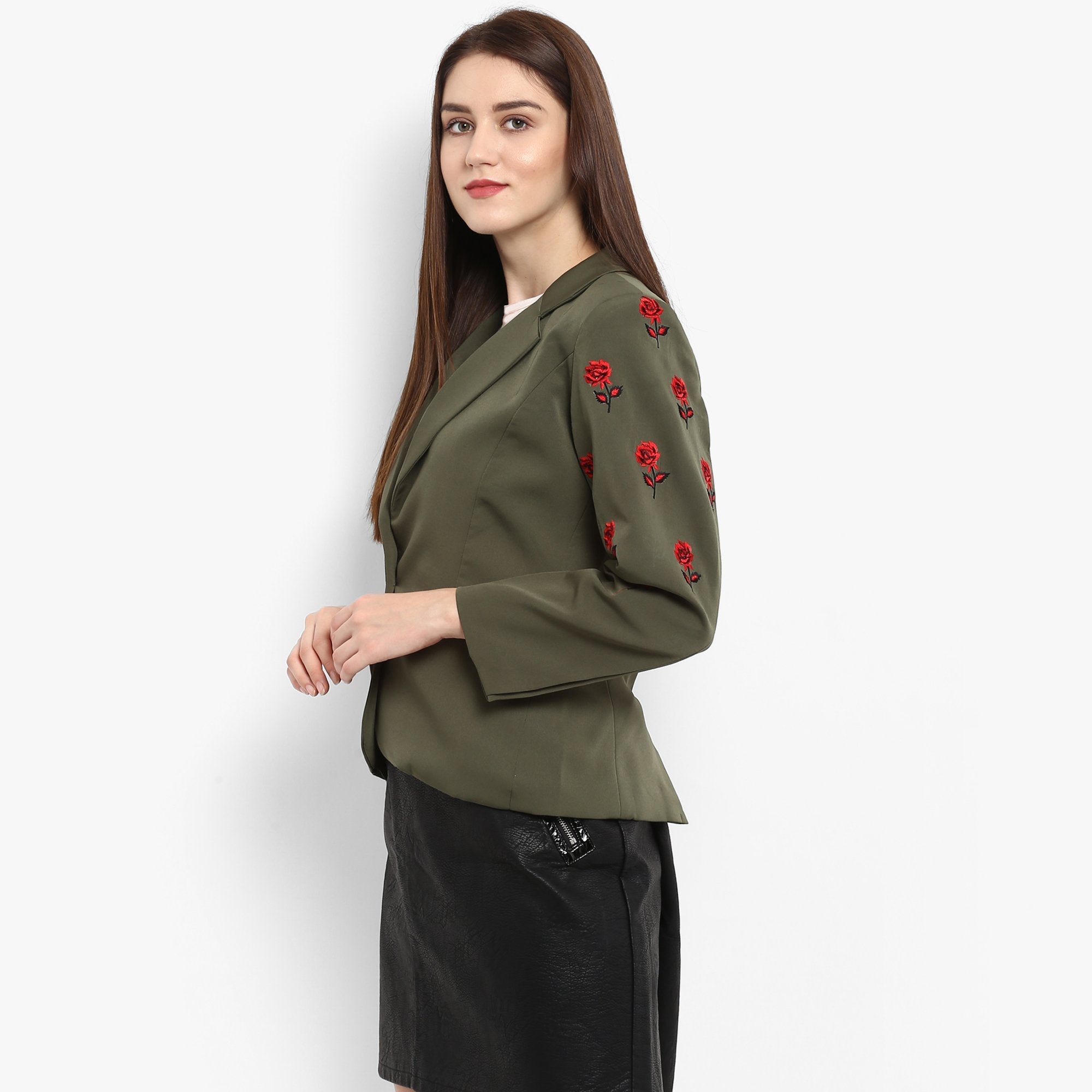Women's Pastel Solid Collared Blazer With Embroidery - Pannkh
