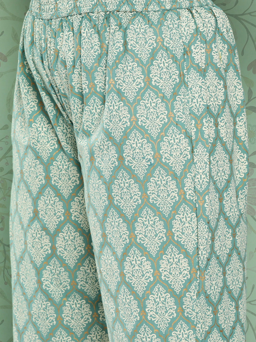 Women's Blue Ethnic Motifs Printed Regular Pure Cotton Kurta With Trousers Set - Yufta