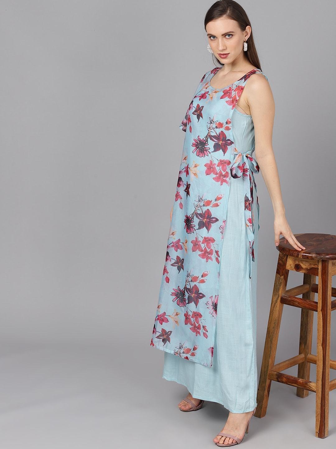 Women's  Blue & Pink Printed Layered Maxi Dress - AKS
