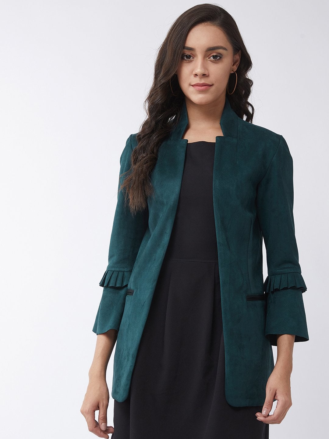 Women's Solid Blazer With Ruffle - Pannkh