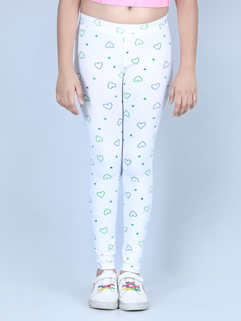Girl's Heart Printed Leggings With Flat Waistband- White - S