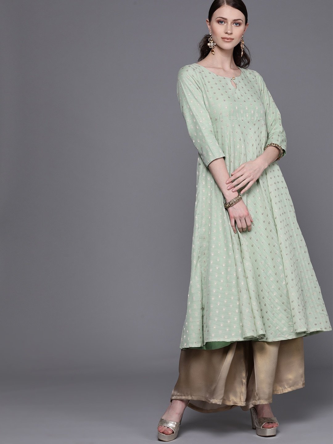 Women's  Green & Golden Woven Design Empire Anarkali Kurta - AKS