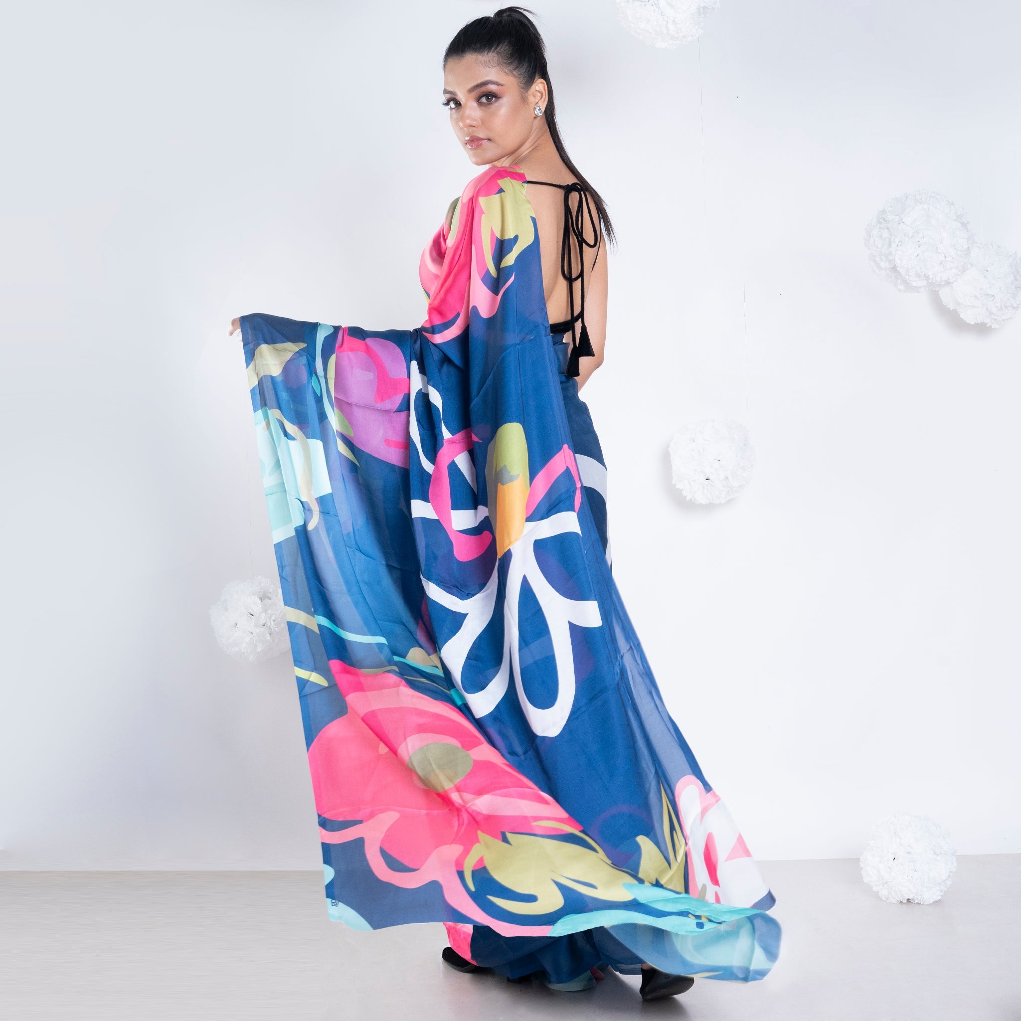 Women's Anna Satin Georgette Digital Printed  Saree In Blue Color - Boveee