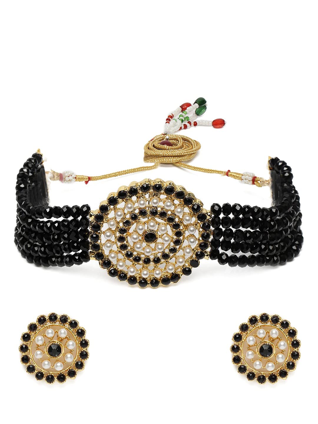 Women's Gold Plated Black & White Light Weight Crystal Stone Beaded Choker Necklace Jewellery Set - i jewels