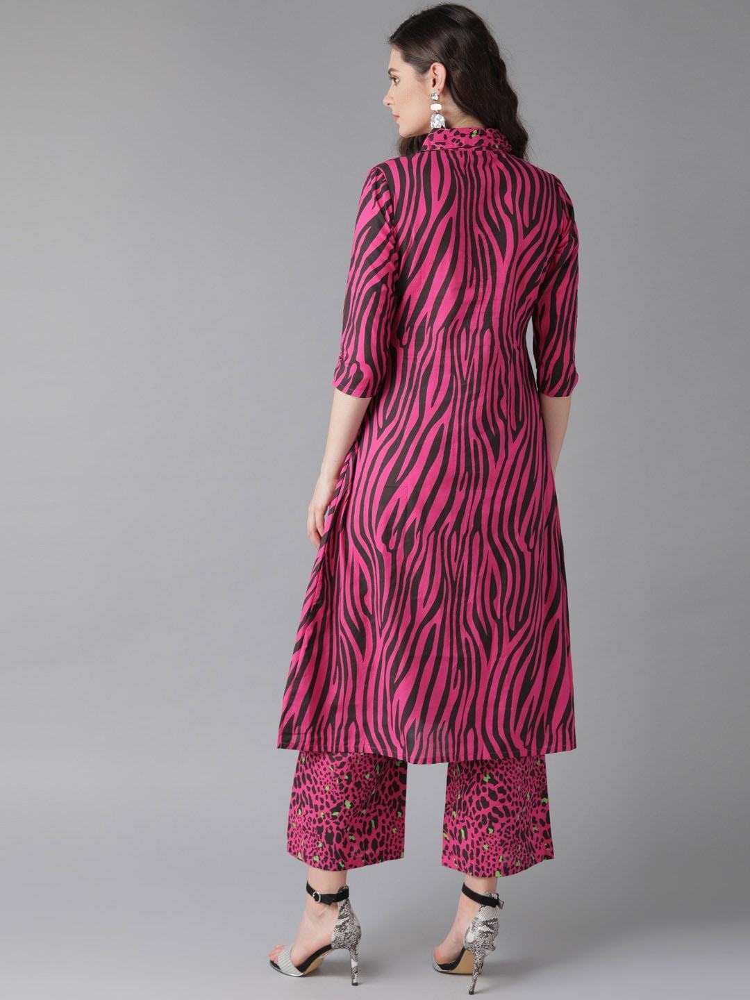 Women's  Pink & Black Animal Print Layered Kurta with Palazzos - AKS