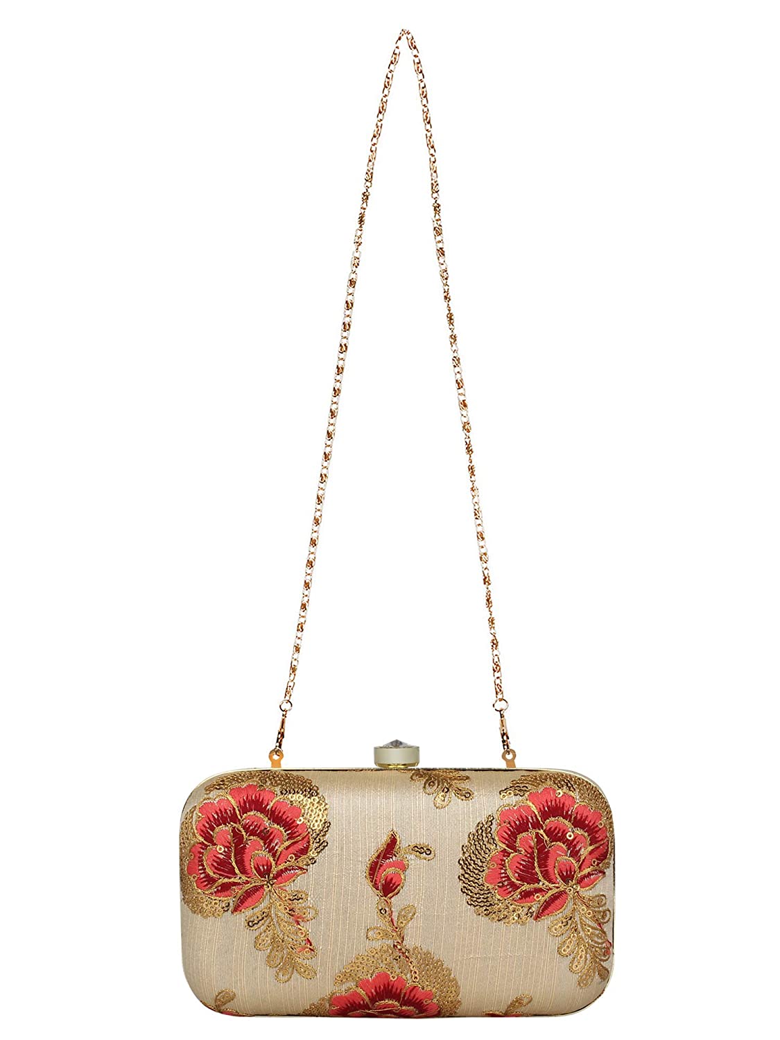 Women's Beige Color tulle Embroidered Faux Silk Clutch - VASTANS