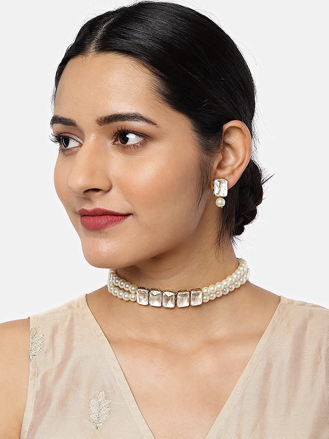 Women's Gold Plated White Crystal Stone Pearl Studded Choker Necklace Jewellery Set - i jewels