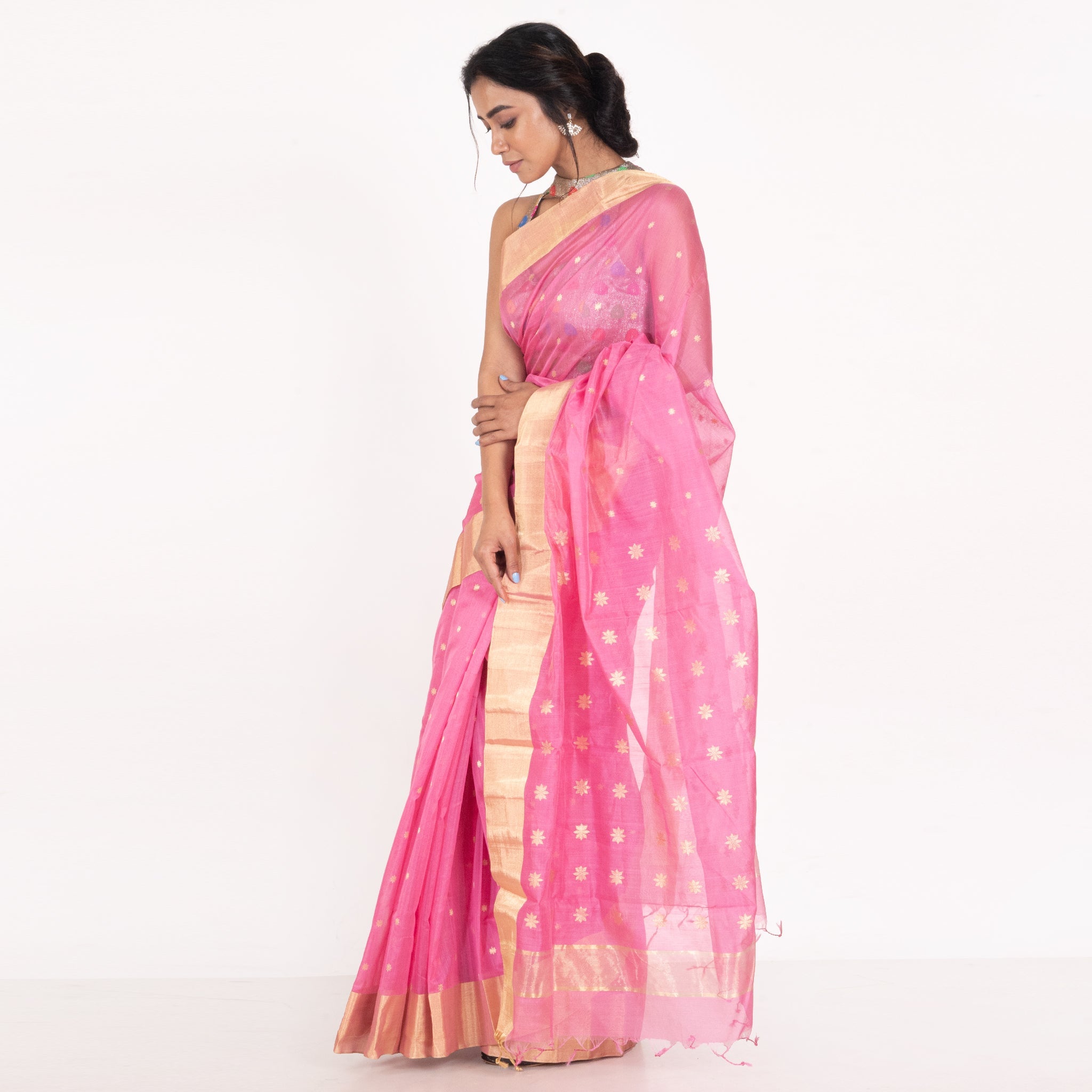 Women's Coral Pink Pure Chanderi Silk Saree With Contrasting Border And Booti - Boveee