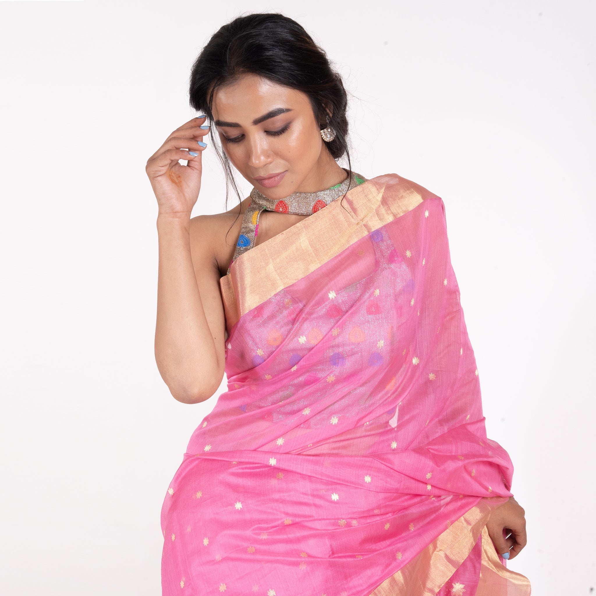 Women's Coral Pink Pure Chanderi Silk Saree With Contrasting Border And Booti - Boveee