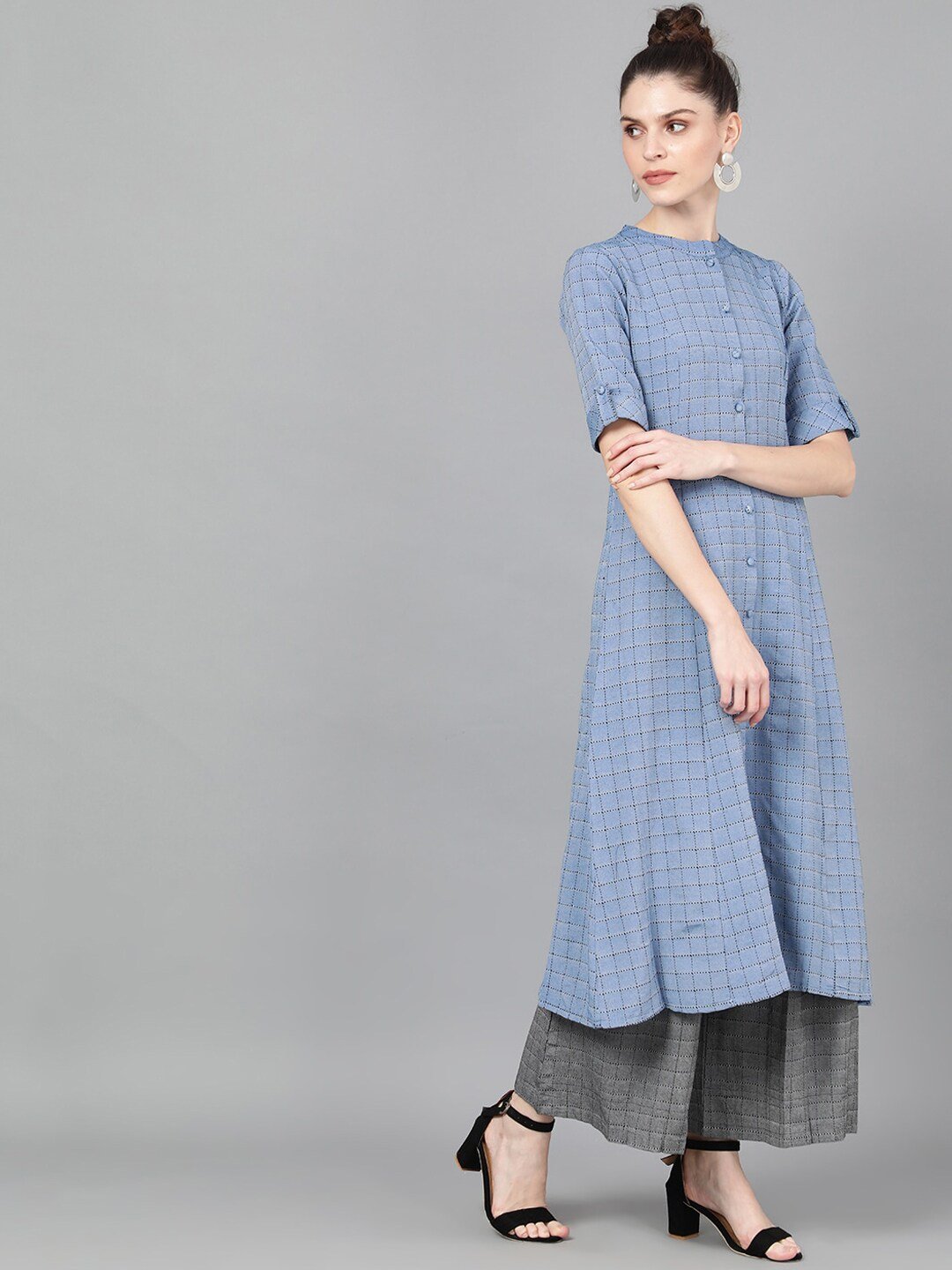 Women's  Blue Woven Design A-Line Kurta - AKS