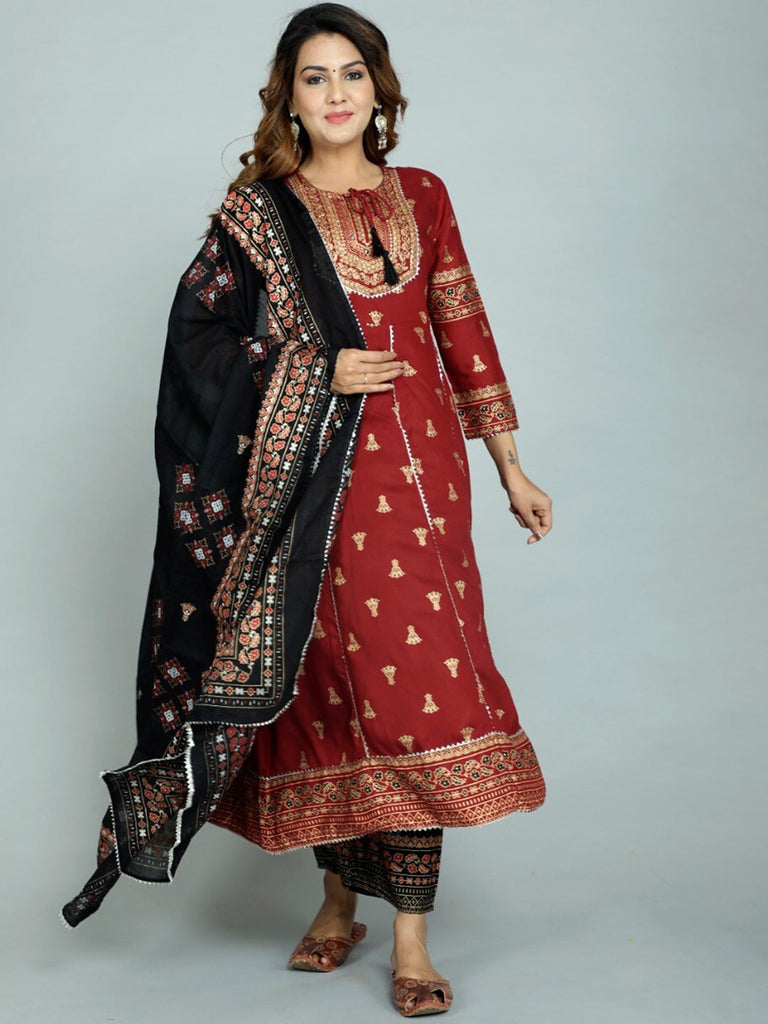 Women's Red Embroidered Panelled Kurti With Trousers & With Dupatta