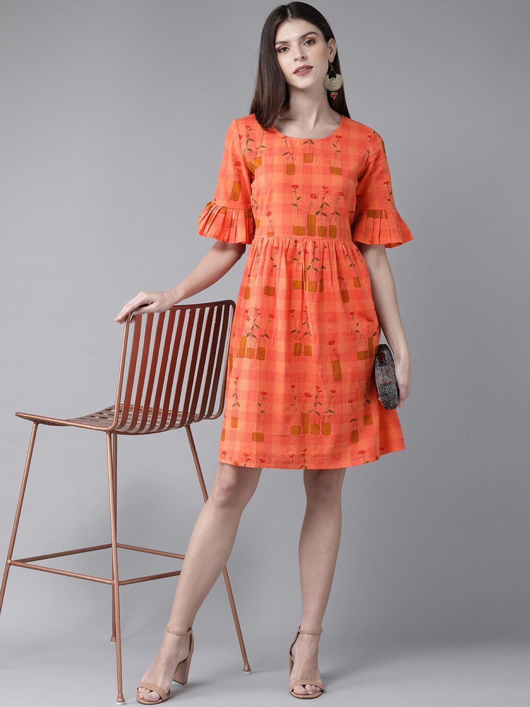 Women's  Orange & Mustard Brown Printed Fit and Flare Dress - AKS