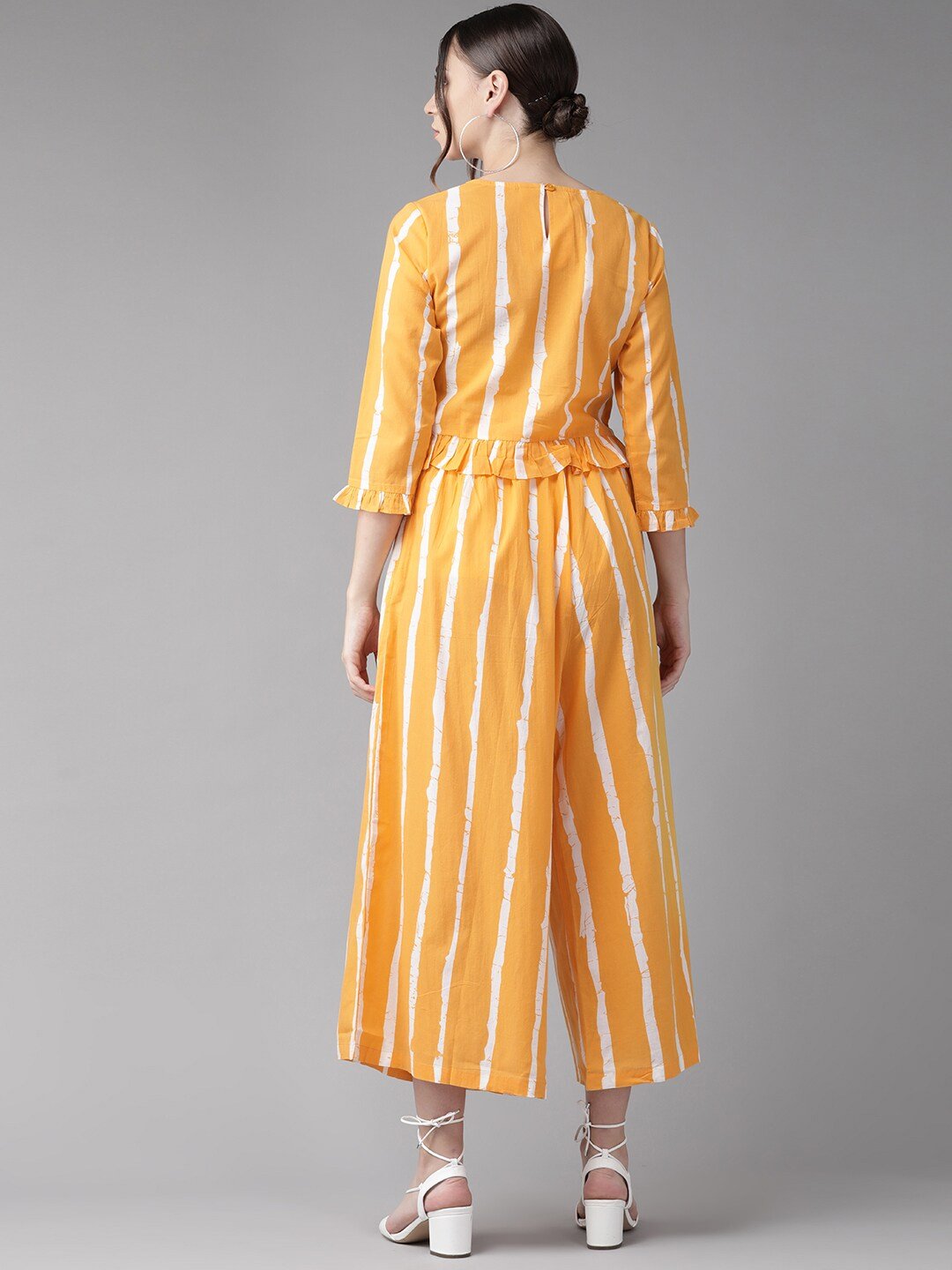 Women's  Mustard & White Striped Two-Piece Top & Palazzo Set - AKS