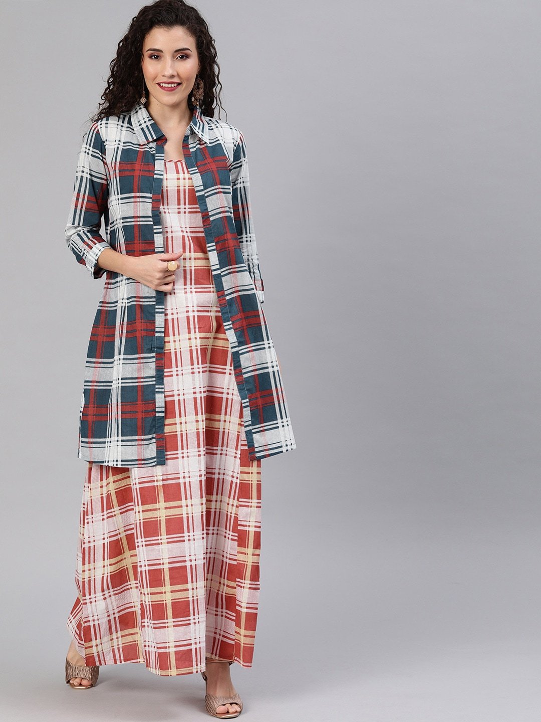 Women's  Red Checked Maxi Dress With Shirt - AKS
