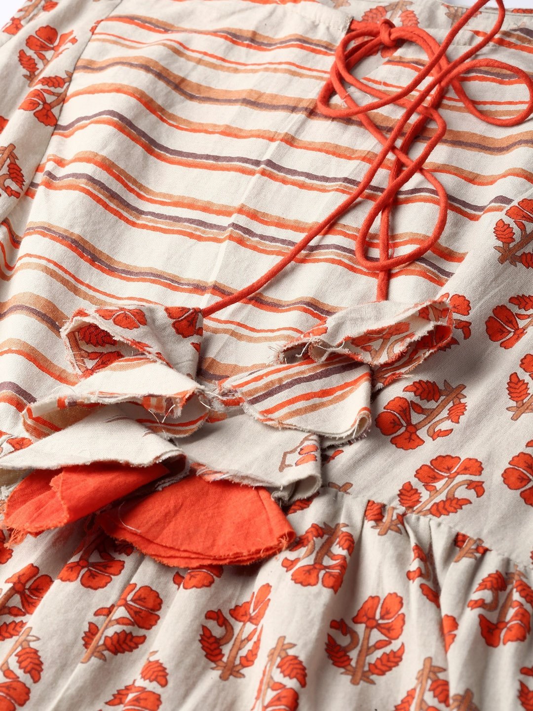 Women's  Beige & Orange Printed Tiered Maxi Dress - AKS