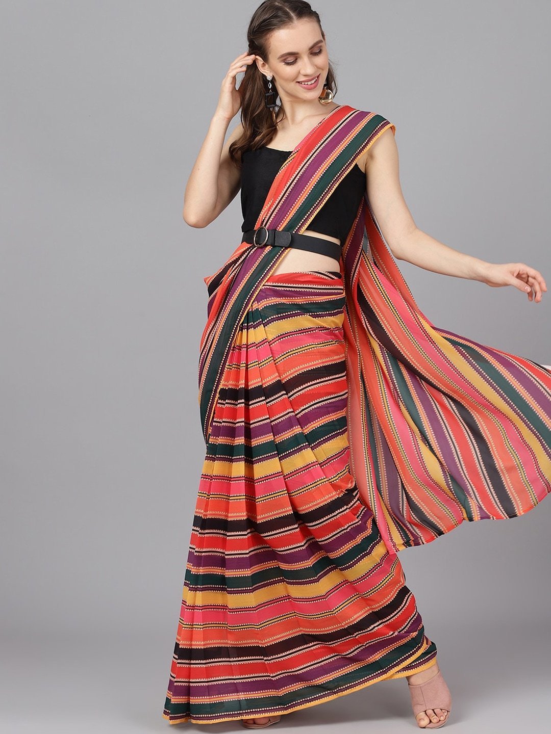 Women's Multicoloured Striped Poly Georgette Saree - AKS